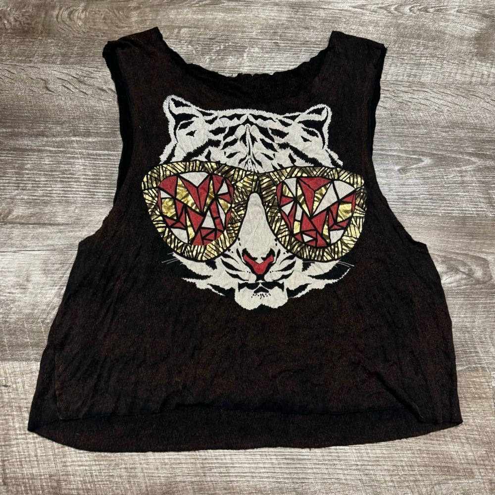 Women’s Black Tiger Graphic Tank Top with Sunglasses Motif